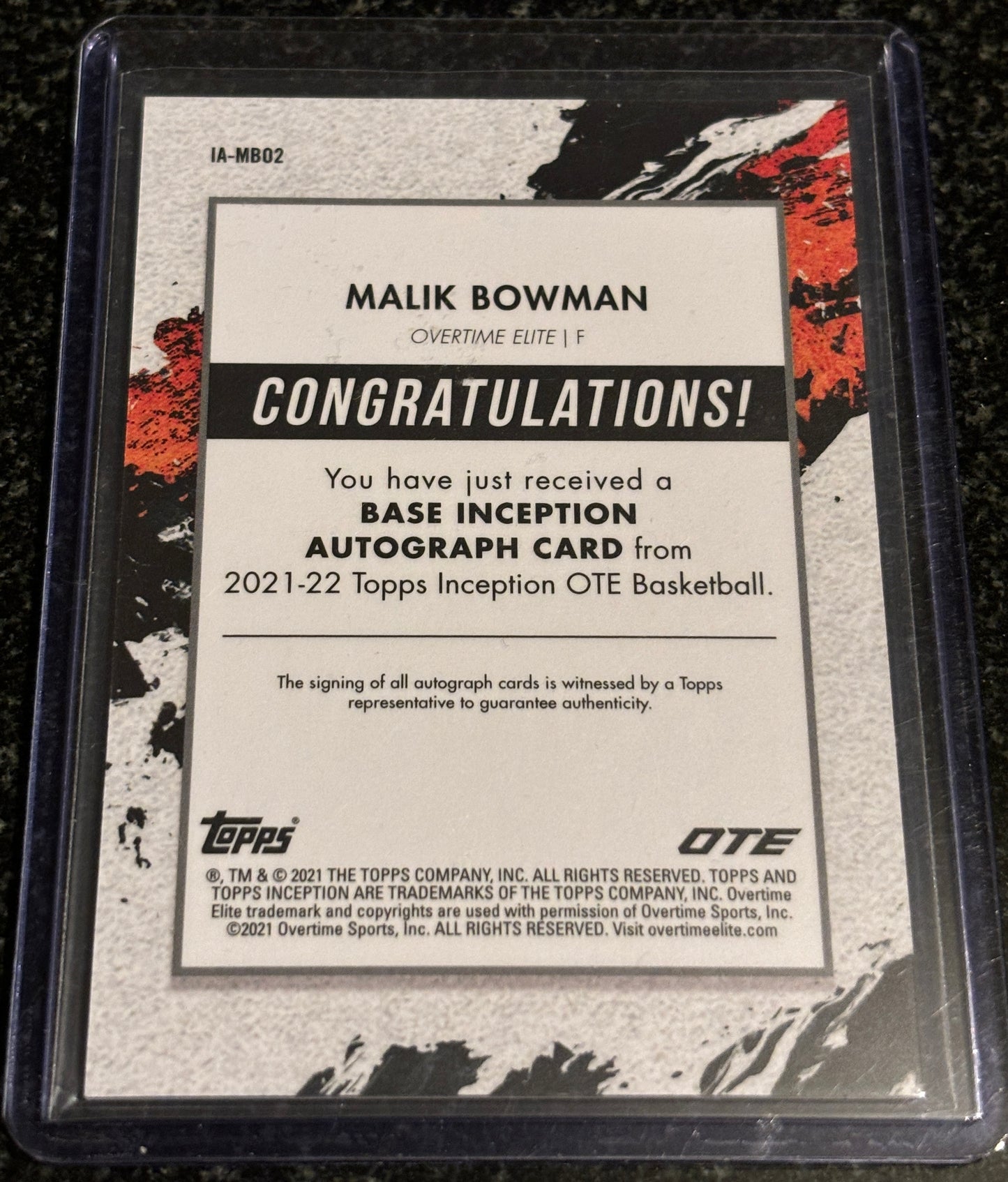 TOPPS INCEPTION AUTO Malik Bowman 143/200 OVER TIME ELITE ON CARD ROOKIE