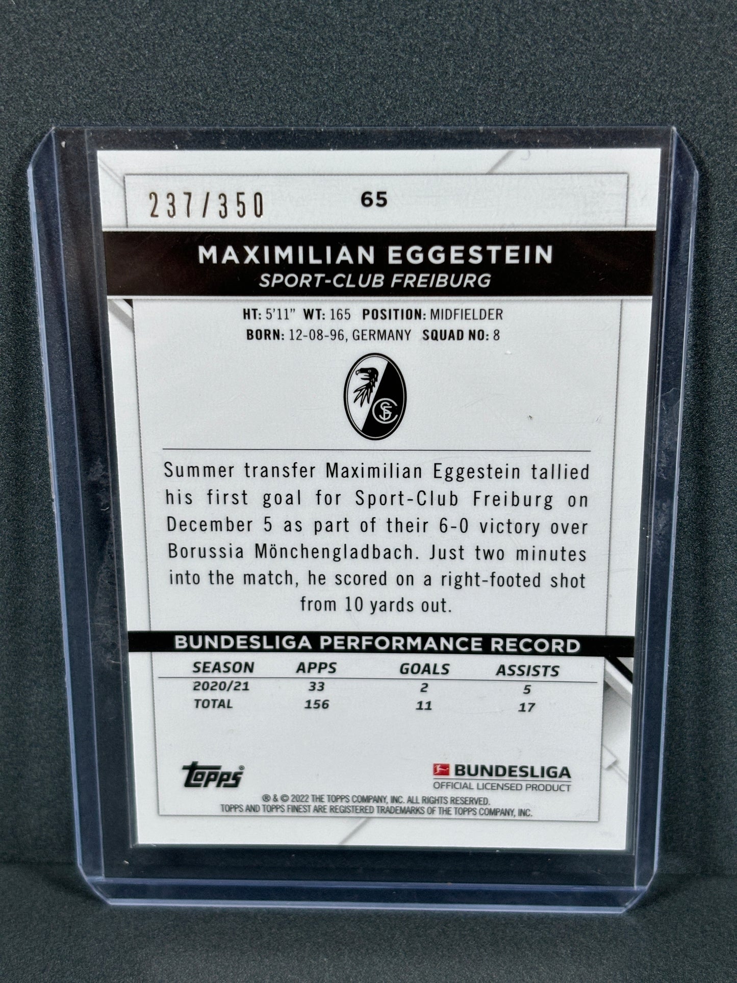 Topps Finest Bundesliga Maximilian Eggestein 237/350 Numbered Card 2021-2022